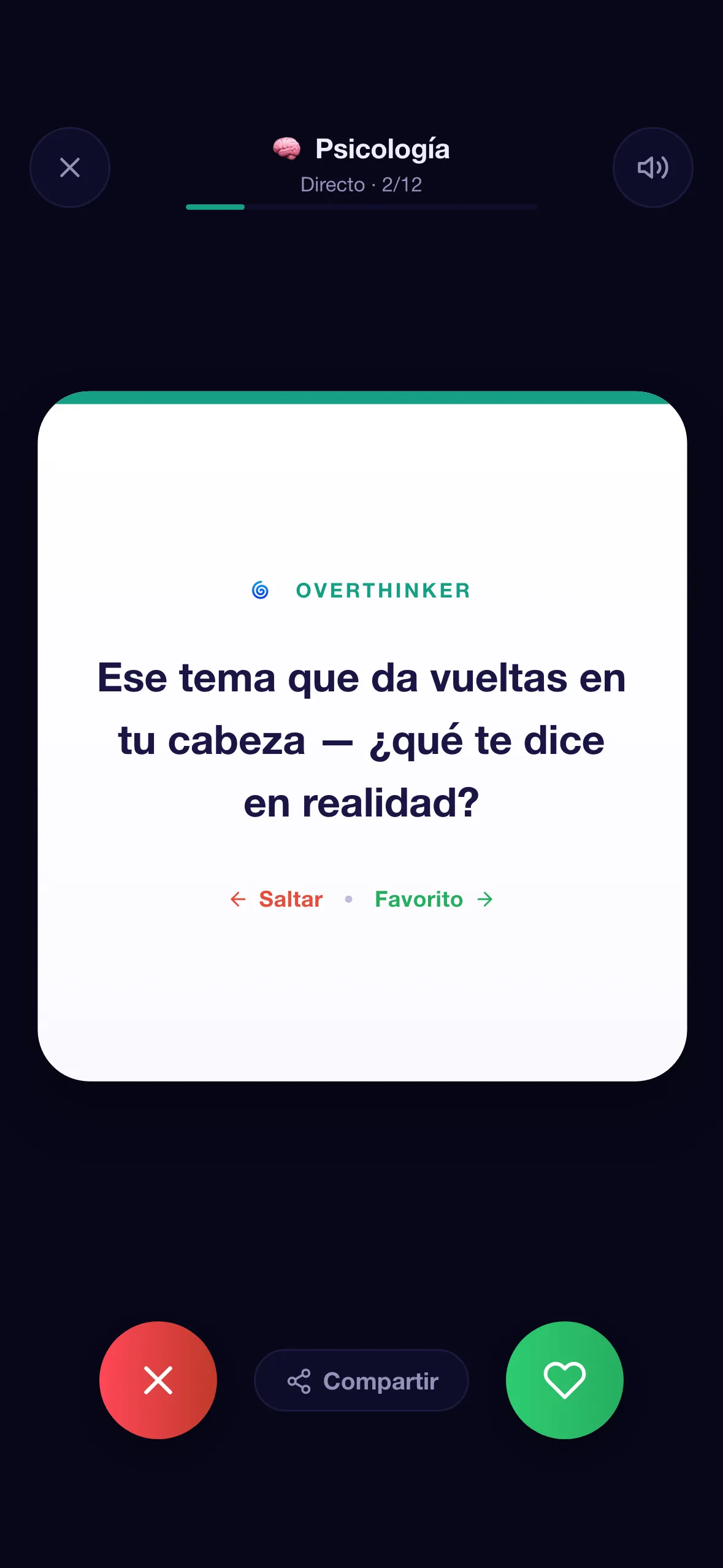 Pantalla móvil de CardWho — vista previa de carta de la categoría Psicología