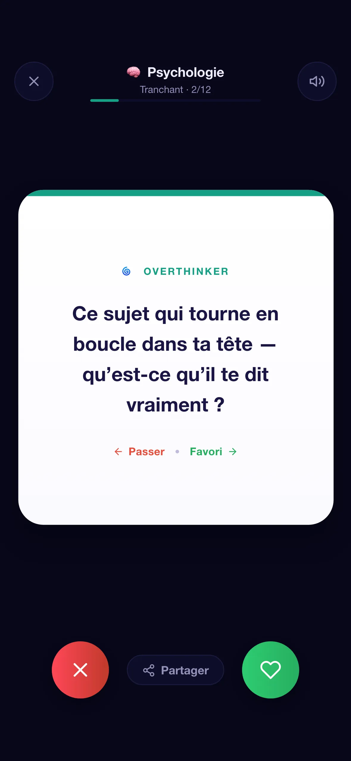 Écran mobile CardWho — aperçu d’une carte de la catégorie Psychologie